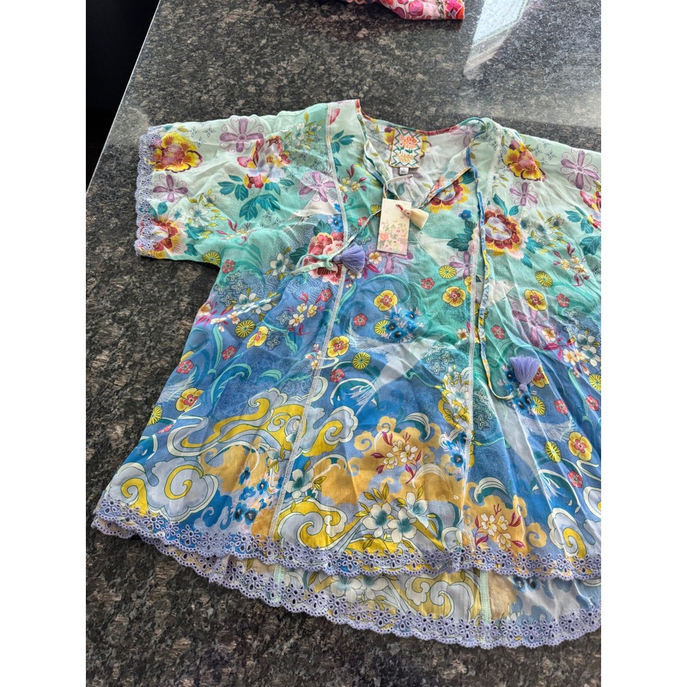 Johnny Was Anji Blouse Altair Floral Tassel V-Neck Top Teal Multi C18726-4 Small - Picture 5 of 13